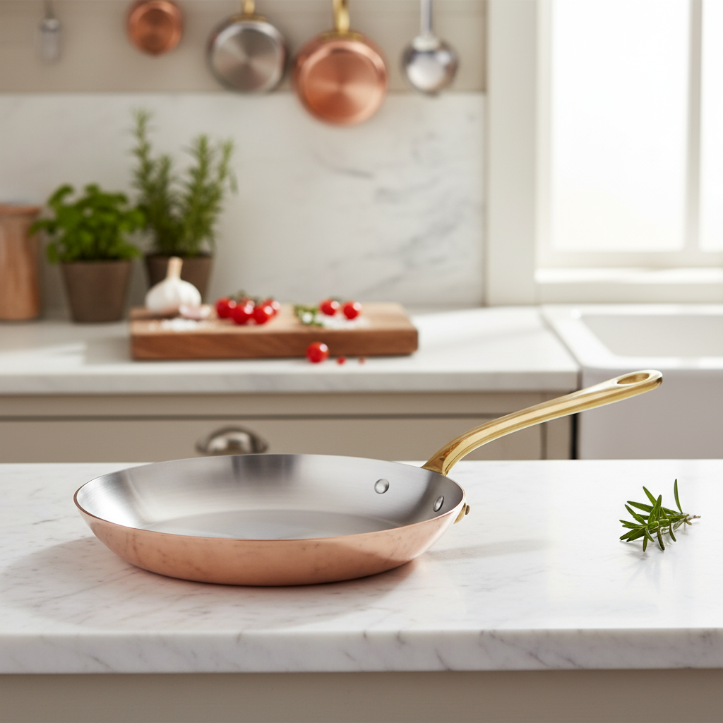 Mauviel M'Heritage M'200 B copper frying pan with brass handle, showcasing its polished copper surface and sturdy handle.