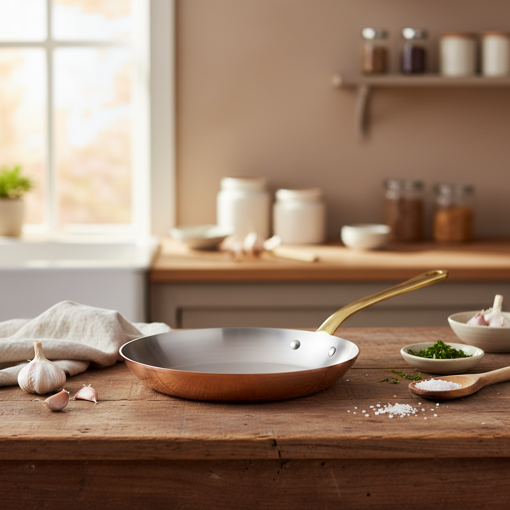 Mauviel M'Heritage M'200 B copper frying pan with brass handle, showcasing its polished copper surface and sturdy handle design