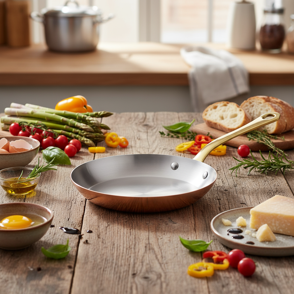 Mauviel M'Heritage M'200 B copper frying pan with brass handle, showcasing its polished copper surface and sturdy handle design