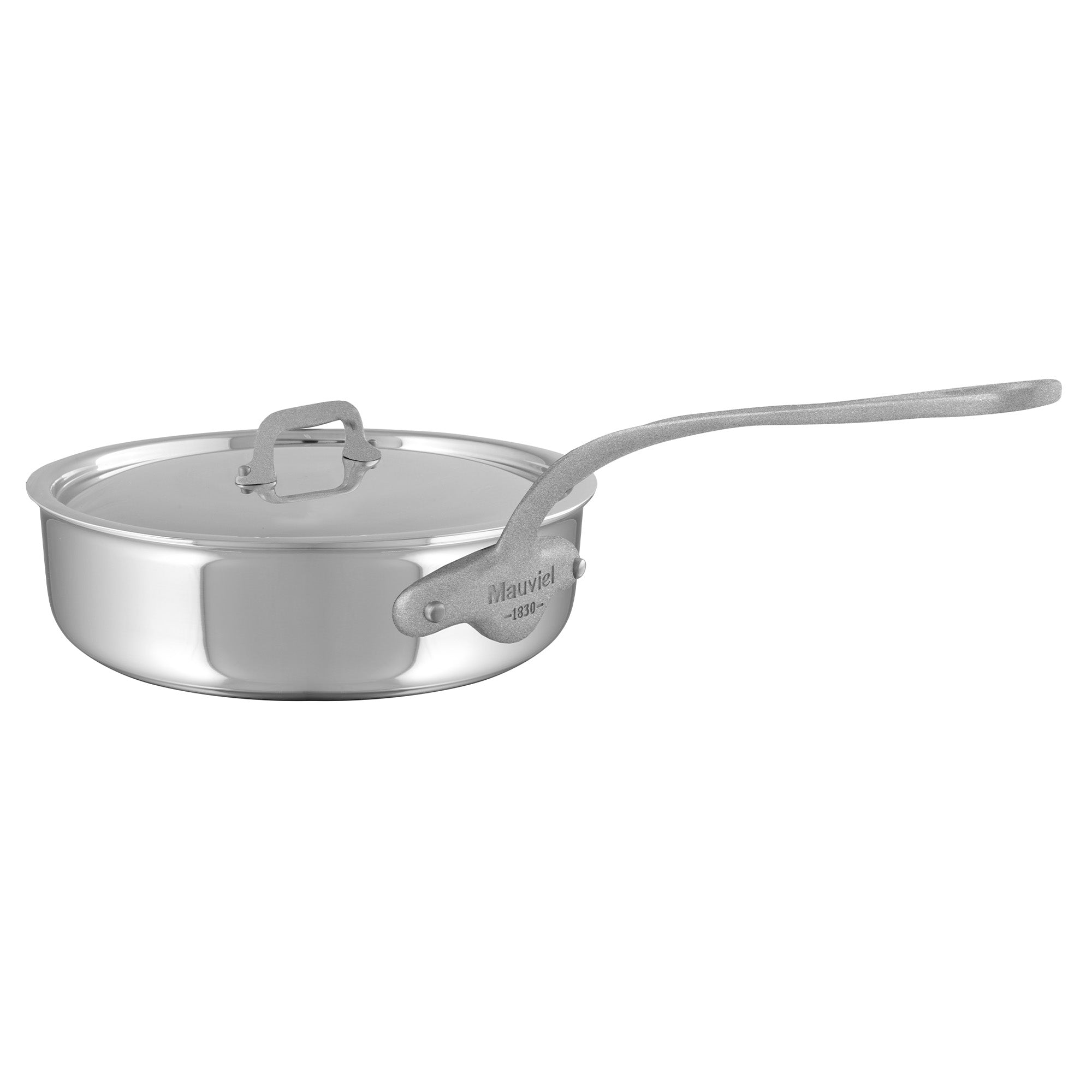 Mauviel M'Cook SB 5-Ply 3.4-Qt stainless steel saute pan with lid and brushed cast stainless steel handle, ideal for cooking.