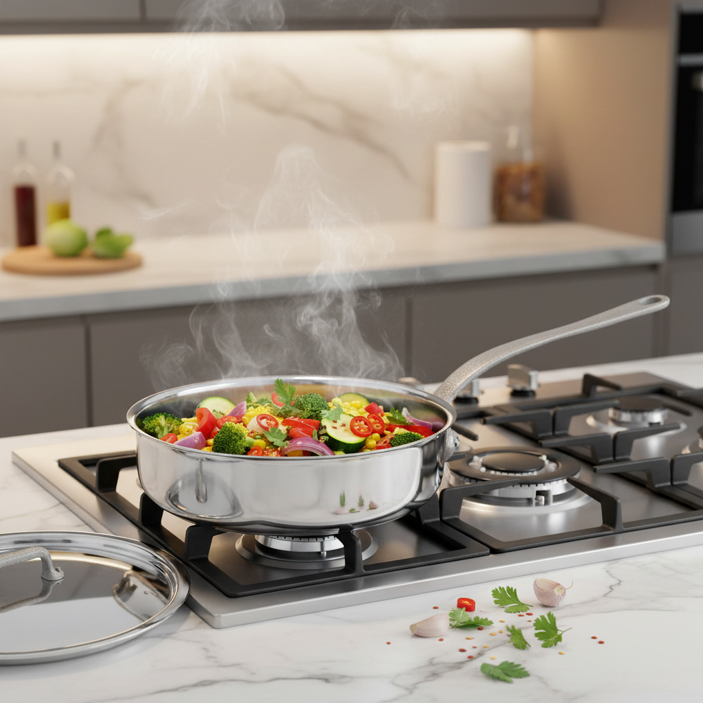 Mauviel M'Cook SB 5-Ply stainless steel sauté pan with lid, brushed cast stainless handle, 3.4-quart capacity