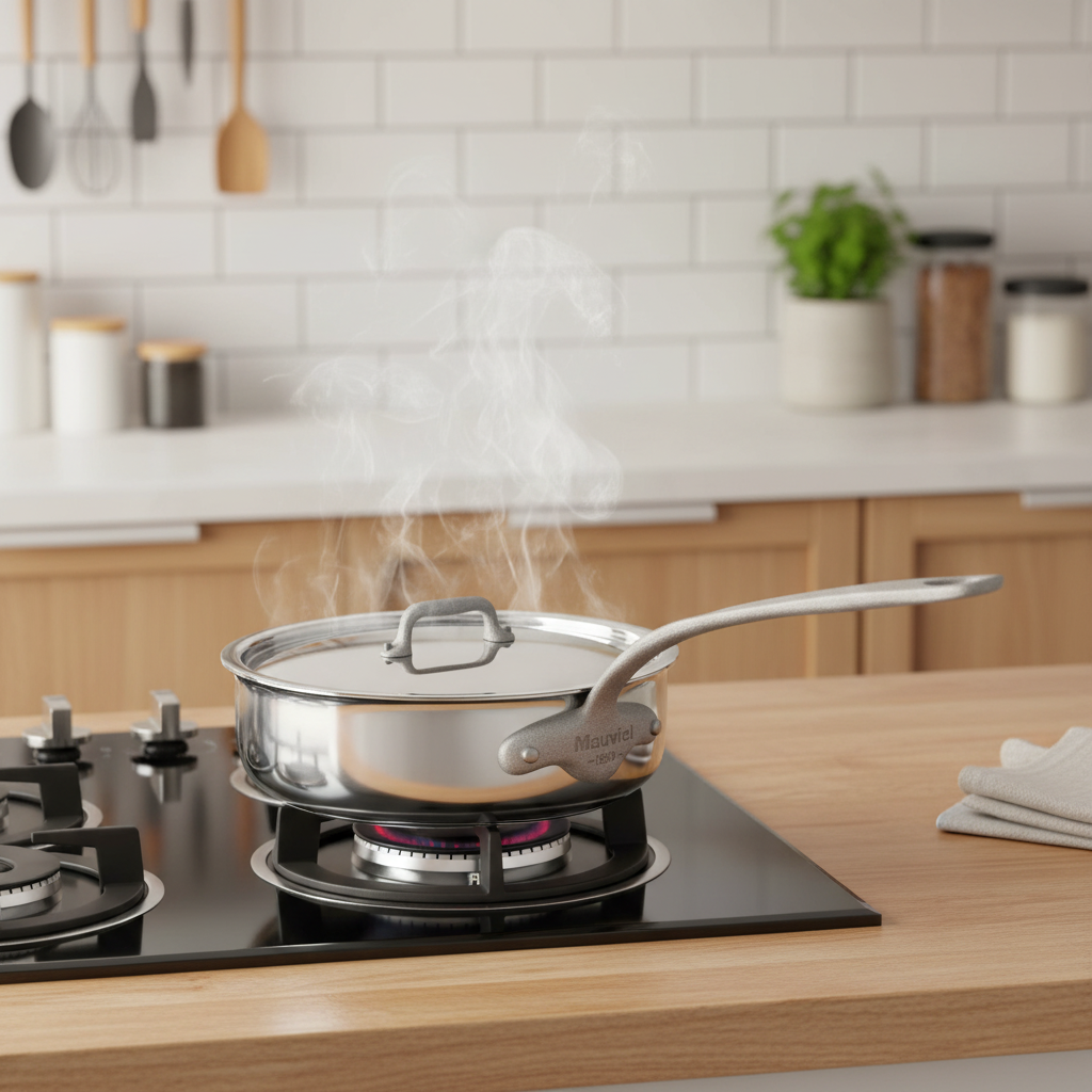 Mauviel M'Cook SB 5-Ply stainless steel 3.4-quart saute pan with lid and brushed cast stainless steel handle.