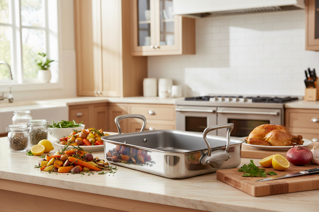 Mauviel Stainless Steel Roasting Pan With Rack And Brushed Cast Stainless Steel Handles, 15.7 x 11.8-In - Mauviel1830