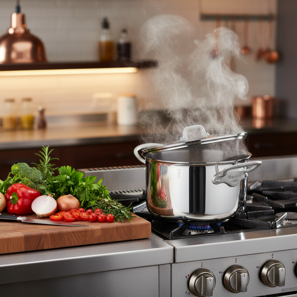 Mauviel M'Cook SB 5-Ply stainless steel stewpan with lid, brushed cast stainless steel handles, 6.1-quart capacity, stockpot style