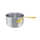 Mauviel M'COOK B sauce pan with brass handles, stainless steel cookware for precise sauce making, shown with a shiny finish and sturdy handles.