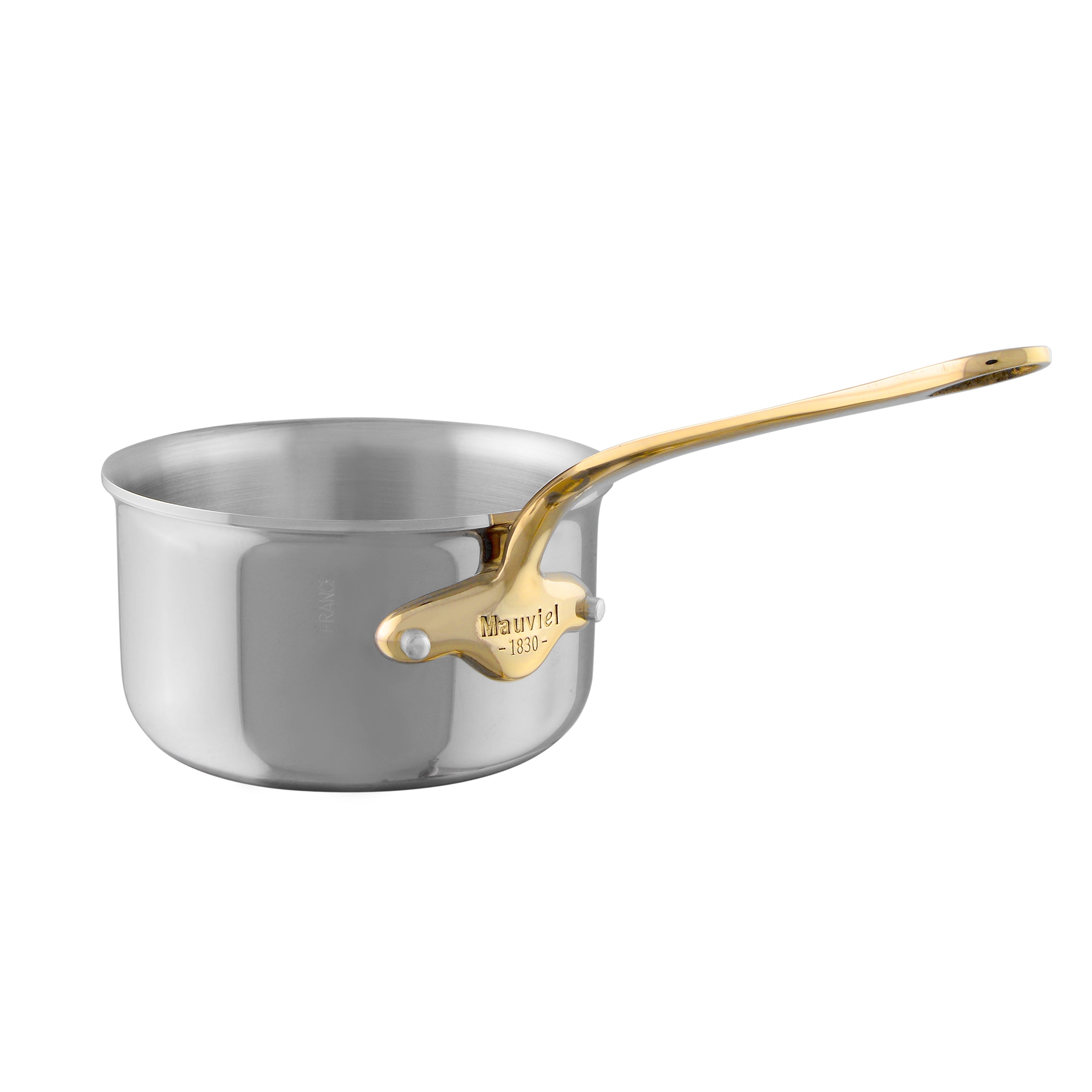 Mauviel M'COOK B sauce pan with brass handles, stainless steel cookware, view of the pan's shiny surface and sturdy handles.
