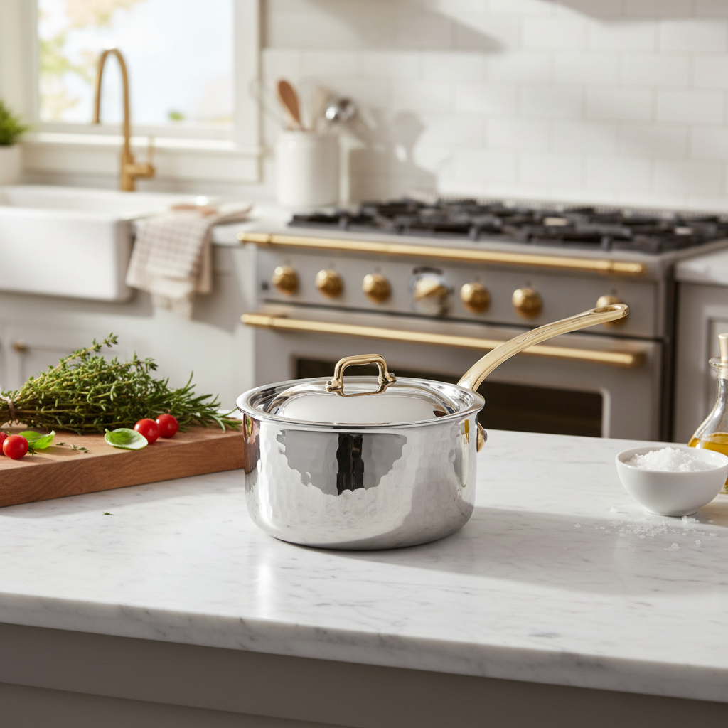 Mauviel M'ELITE B Hammered 5-Ply Sauce Pan With Curved Lid, Brass Handle - Mauviel1830