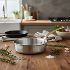 Mauviel M’ELITE B hammered 5-ply sauté pan with brass handle, 3.2-quart size, showcasing a polished stainless steel surface.