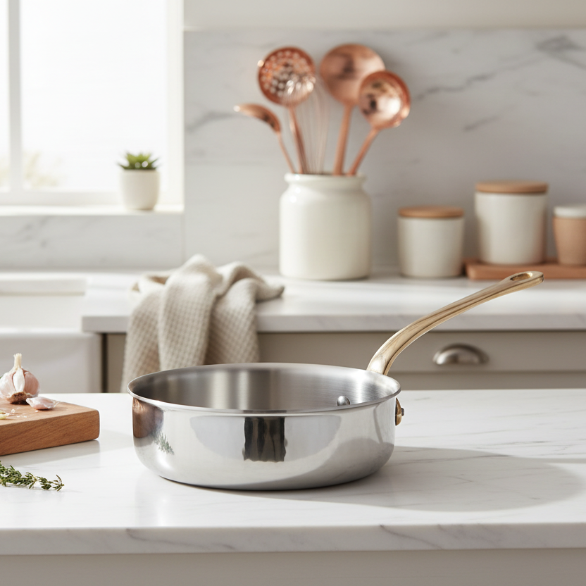 Mauviel M'ELITE B Hammered 5-Ply Saute Pan With Brass Handle, 3.2-Qt - Mauviel1830