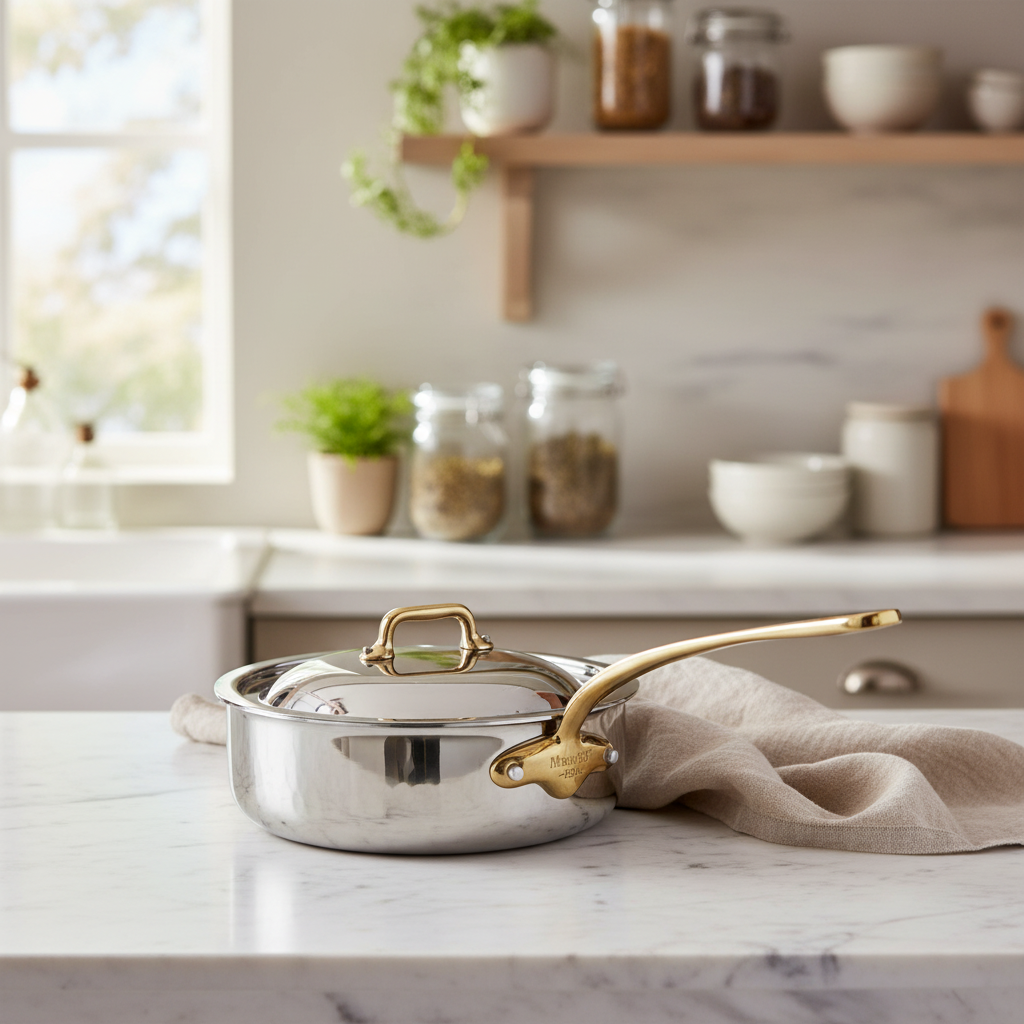 Mauviel M'ELITE B hammered 5-ply sauté pan with brass handle and curved lid, showcasing polished stainless steel surface.