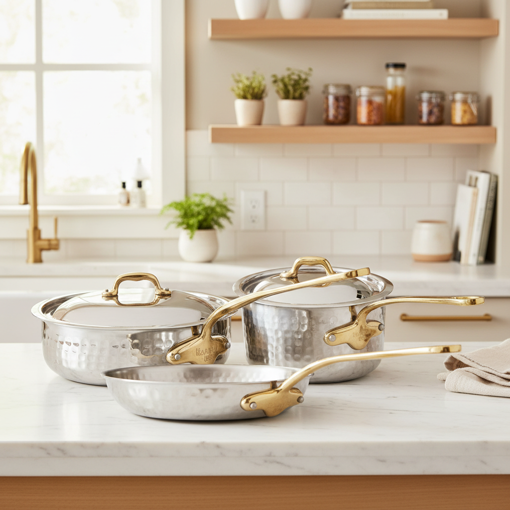 Mauviel M'ELITE B Hammered 5-Ply 5-Piece Cookware Set With Brass Handles - Mauviel1830