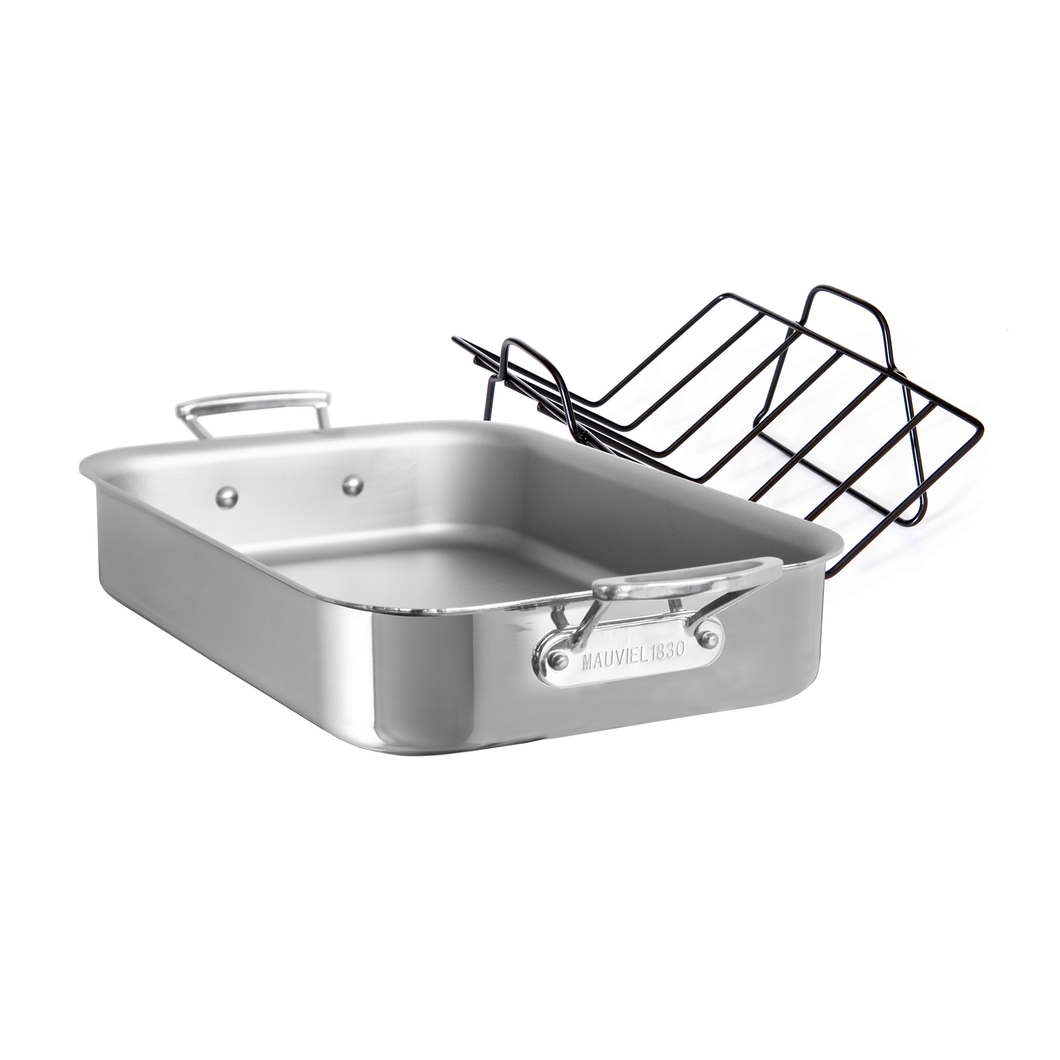 Mauviel Stainless Steel Roasting Pan With Rack, Cast Stainless Steel Handles, 15.7 x 11.8-In