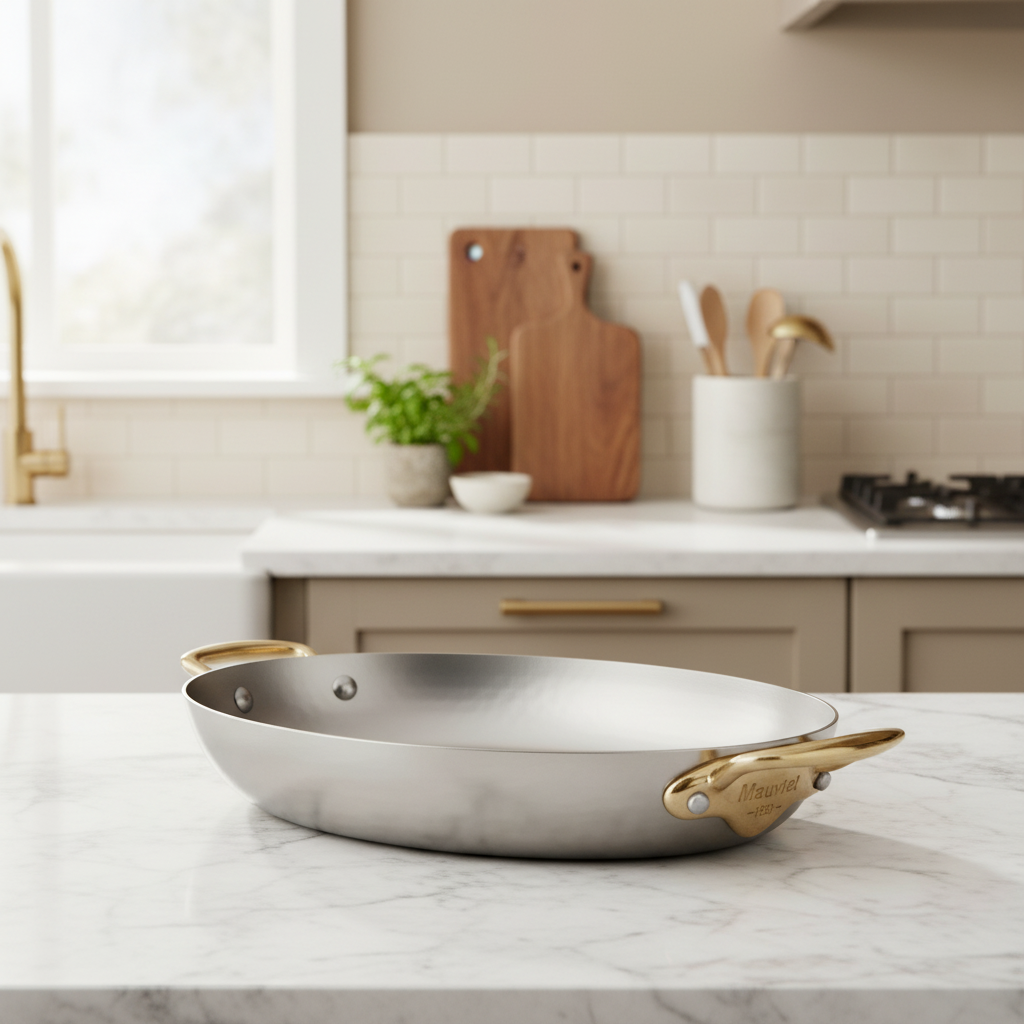 Mauviel M'ELITE B Hammered 5-Ply Oval Pan With Brass Handles - Mauviel1830