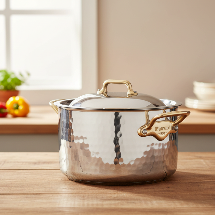 Mauviel M'ELITE B Hammered 5-Ply Stewpan With Lid, Brass Handles - Mauviel1830