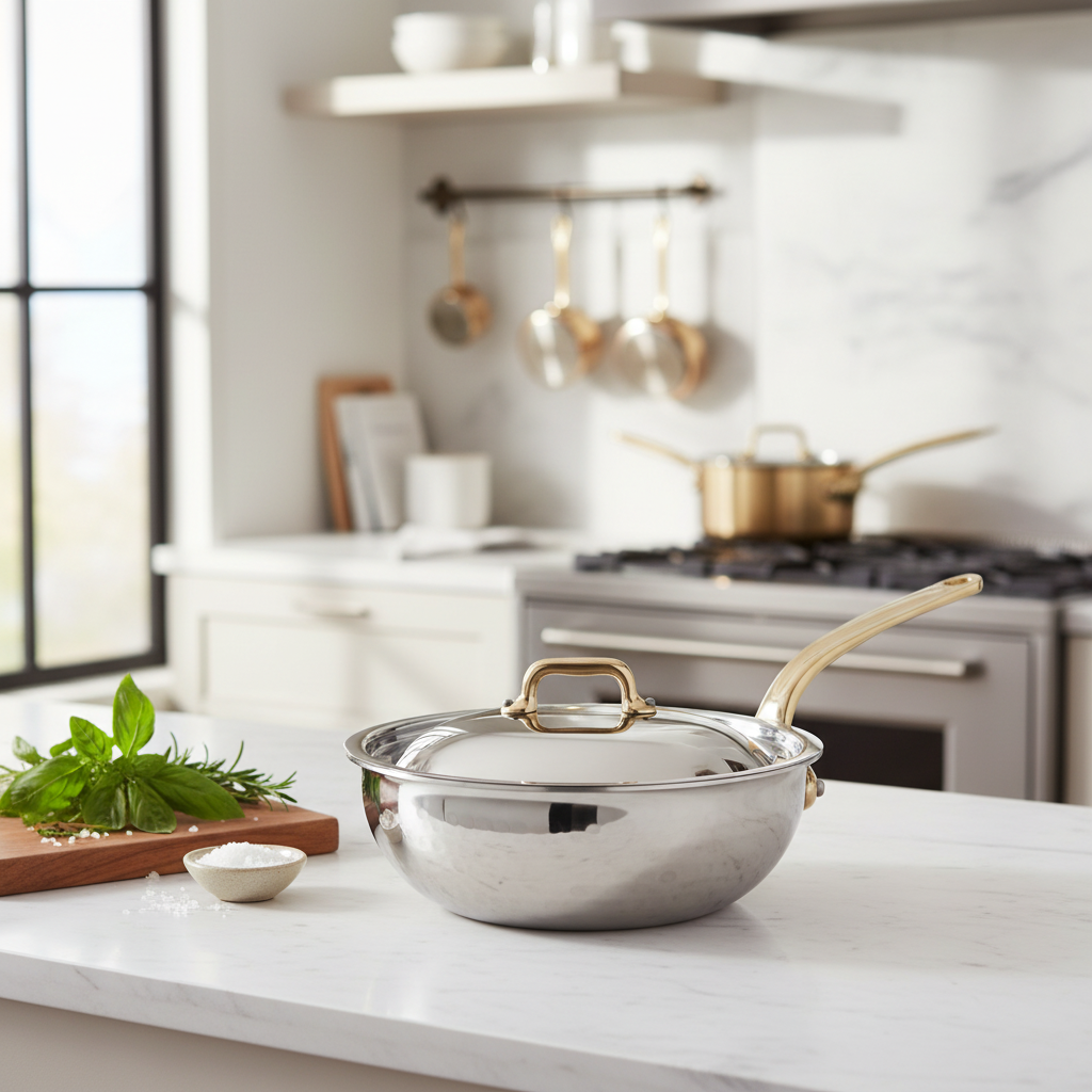 Mauviel M'ELITE B Hammered 5-Ply Chef Pan With Curved Lid, Brass Handle, 3.4-Qt - Mauviel1830