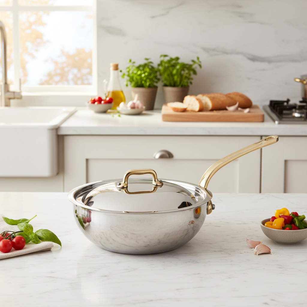 Mauviel M'ELITE B Hammered 5-Ply Chef Pan With Curved Lid, Brass Handle, 3.4-Qt - Mauviel1830