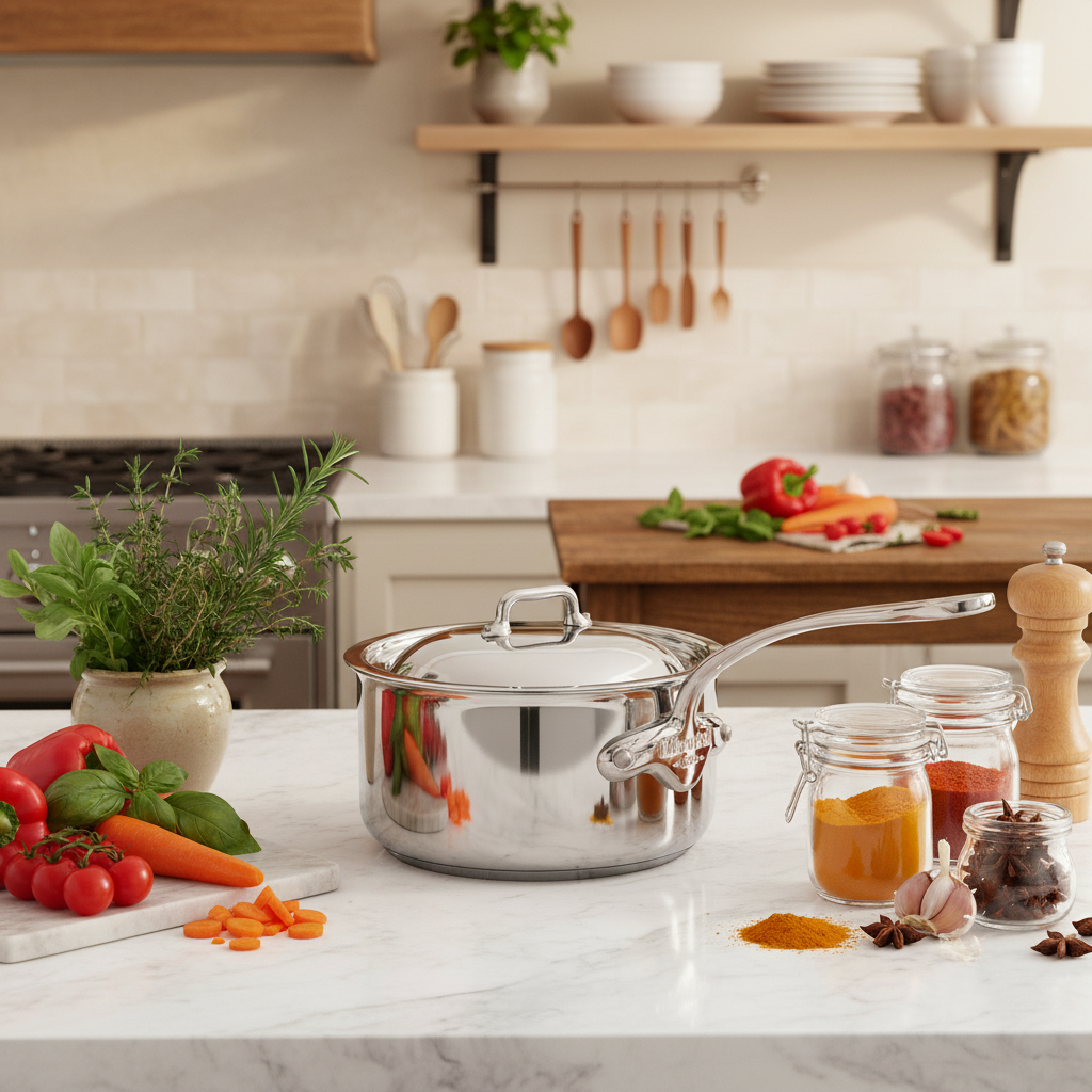 Mauviel M’COOK 5-ply stainless steel sauce pan with lid and cast stainless steel handle on a white background