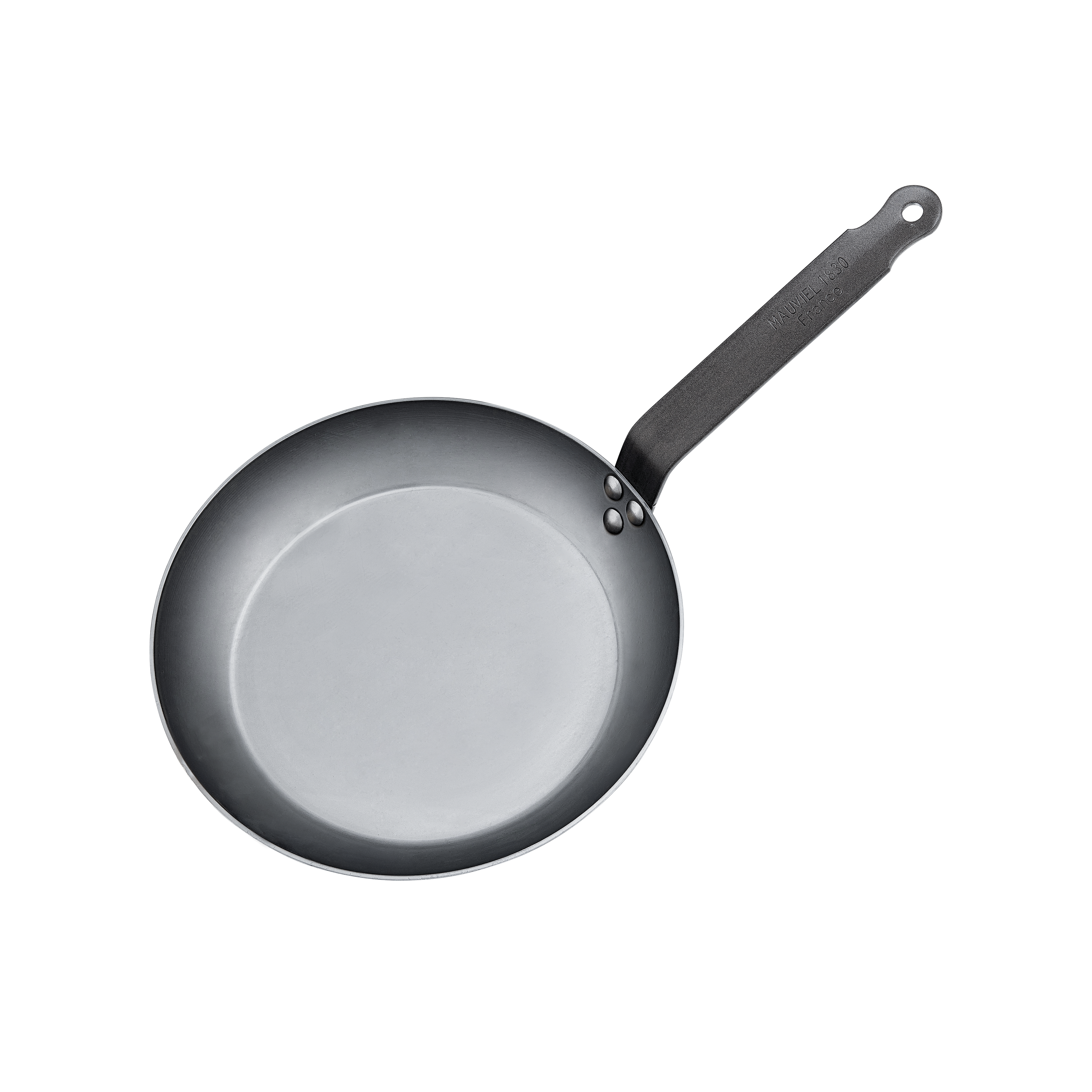 Mauviel M'STEEL black carbon steel round frying pan with iron handle, ideal for versatile cooking and browning.
