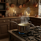 Mauviel M'URBAN 4 Tri-Ply stainless steel sauce pan with lid and cast stainless steel handle on a kitchen countertop