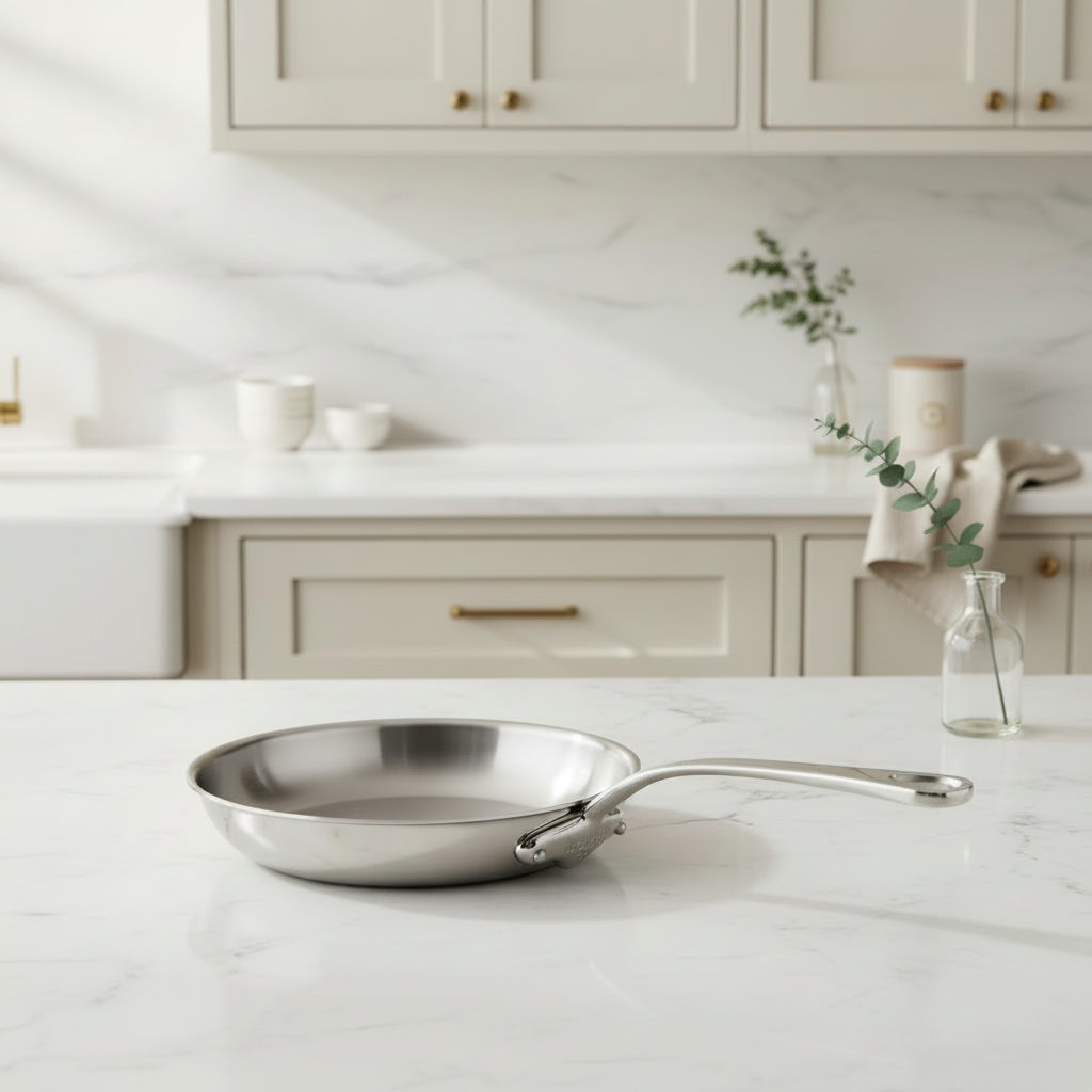 Mauviel M'URBAN 4 Tri-Ply frying pan with cast stainless steel handle, ideal for versatile cooking and even heat distribution.