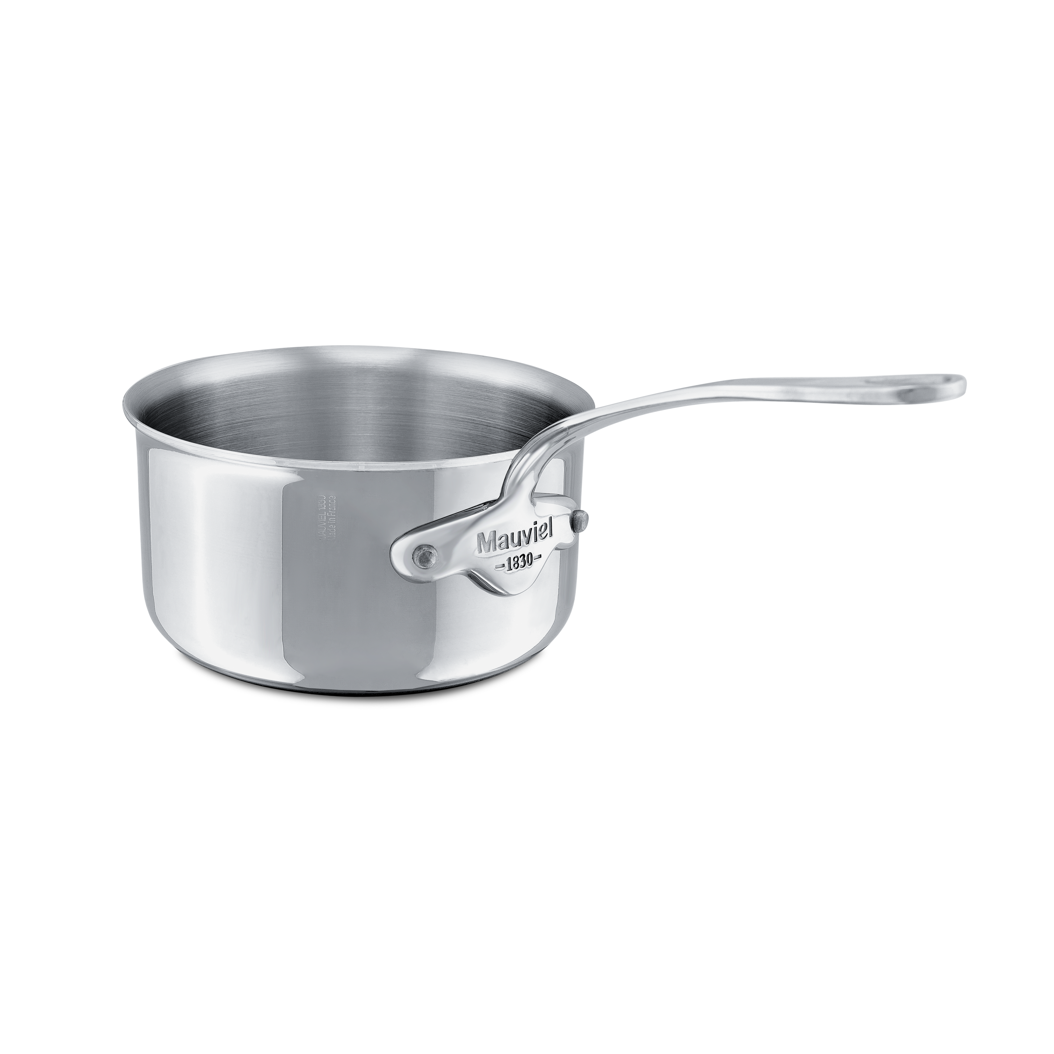 Mauviel M'COOK 5-ply stainless steel sauce pan with lid and cast stainless steel handle, suitable for precise stovetop cooking.