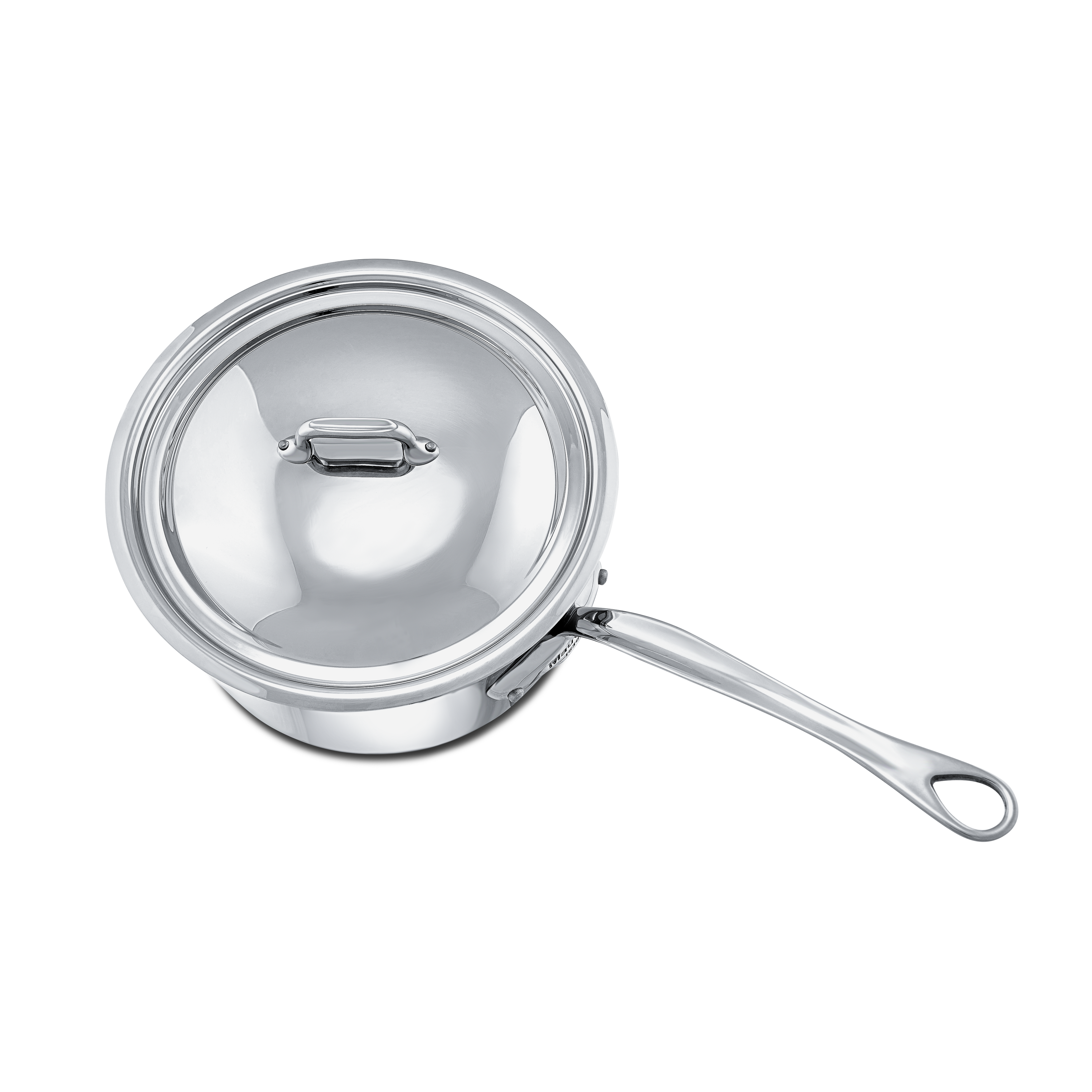 Mauviel M'COOK 5-ply stainless steel sauce pan with lid and cast stainless steel handle, shown from side view.
