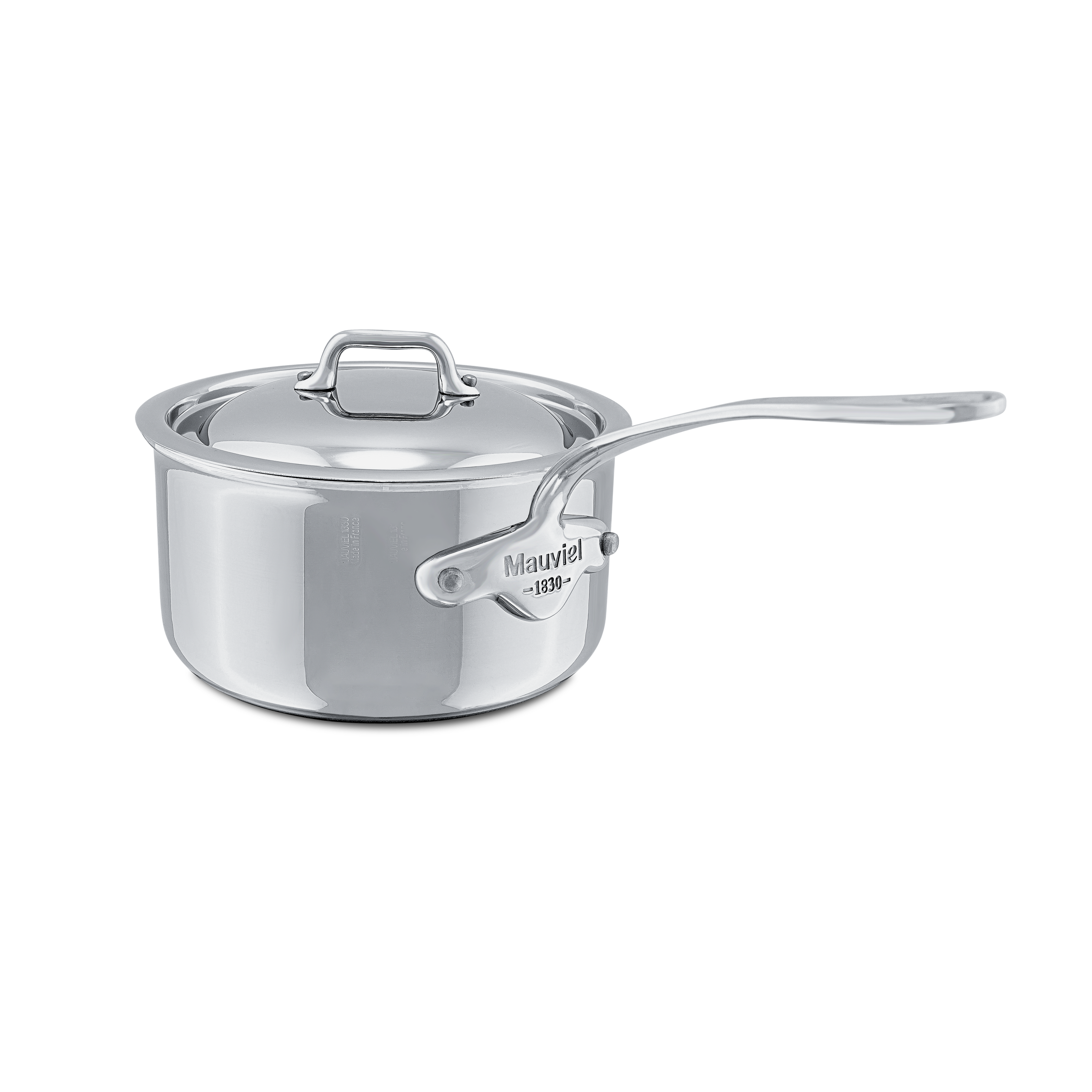 Mauviel M'COOK 5-ply stainless steel sauce pan with lid and cast stainless steel handle, suitable for versatile cooking tasks.