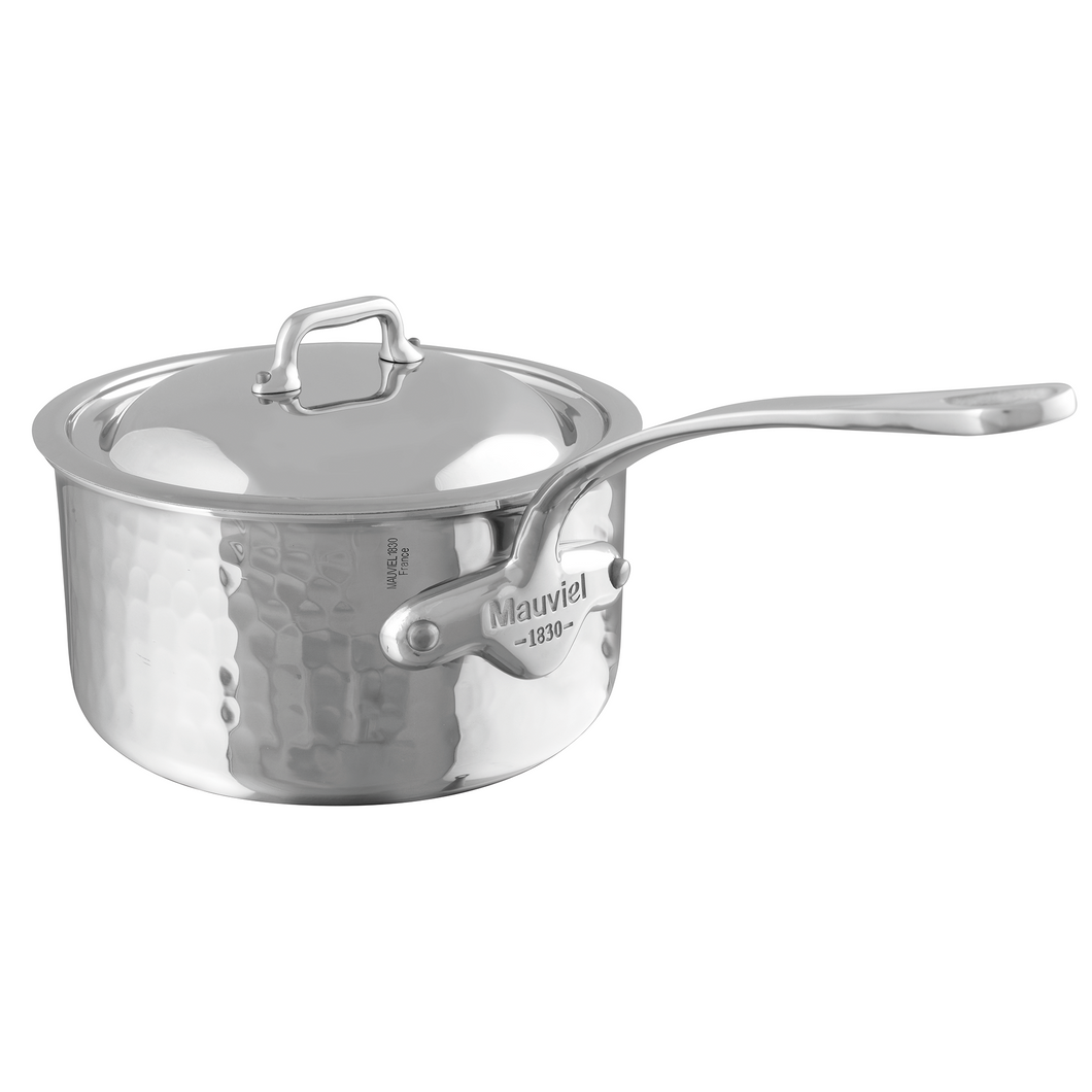 Mauviel M'ELITE Hammered 5-Ply Sauce Pan With Curved Lid, Cast Stainless Steel Handles, 3.4-Qt - Mauviel1830