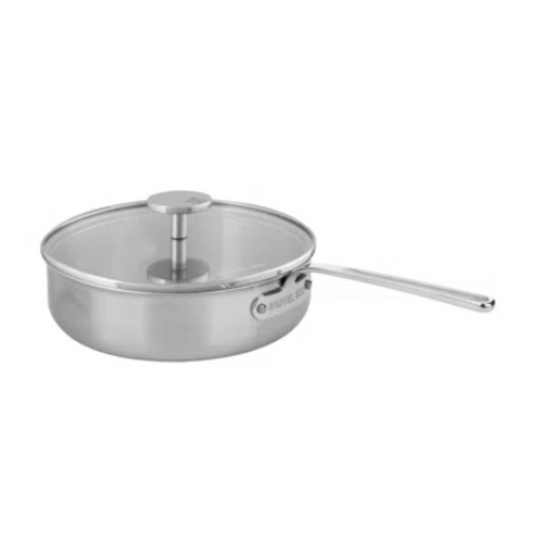 Mauviel M'Inox 360 Tri-Ply Brushed Stainless Steel Saute Pan With Glass Lid, Stainless Steel Handle, 6-Qt - Mauviel USA