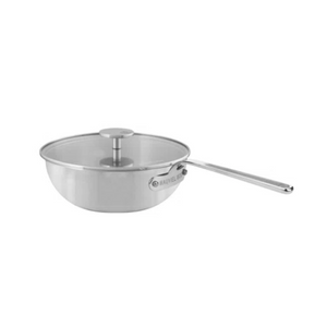 Mauviel M'Inox 360 Tri-Ply Brushed Stainless Steel Curved Splayed Saute Pan With Glass Lid, Stainless Steel Handle, 3.3-Qt - Mauviel USA