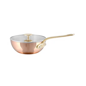 Mauviel 1830 Mauviel M'TRIPLY B Polished Copper & Stainless Steel Curved Splayed Saute Pan With Glass Lid, Brass Handles, 3.3-Qt Mauviel M'TRIPLY Bronze Polished Copper & Stainless Steel Curved Splayed Saute Pan With Glass Lid, Bronze Handles, 3.3-Qt - Mauviel USA