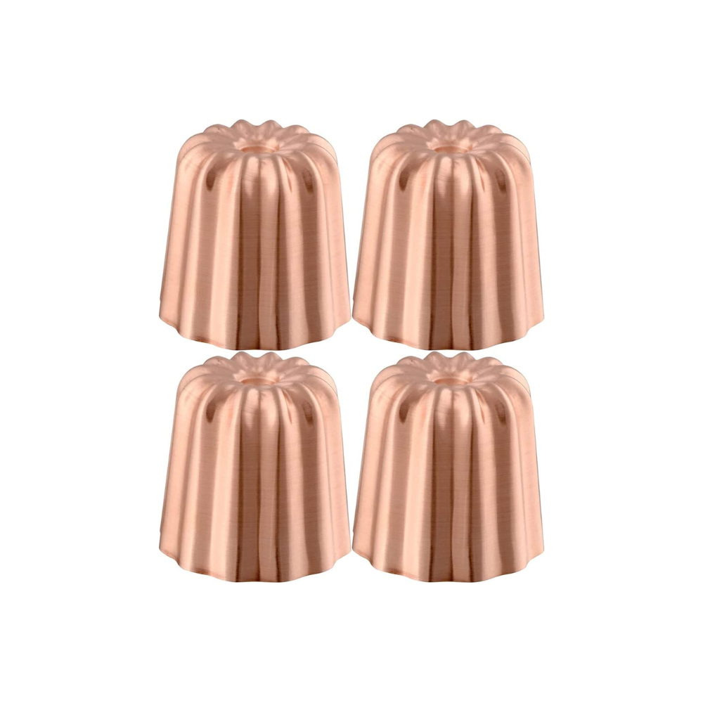 Mauviel M'PASSION copper canele mold set with four tinned copper molds for baking caneles.