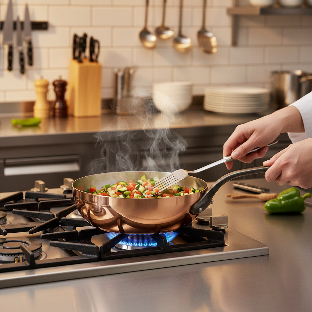 Mauviel M'Heritage M'150 CI 2.1-Qt chef pan with cast iron handle, showcasing a polished copper exterior and sturdy cast iron grip.