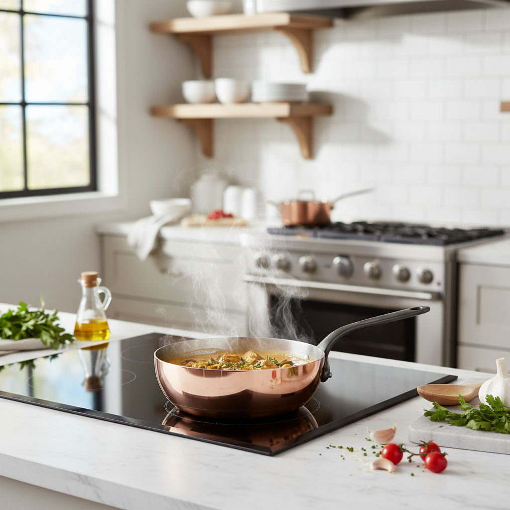 Mauviel M'Heritage M'150 CI chef pan with cast iron handle, 2.1-quart capacity, black finish, ideal for versatile cooking.