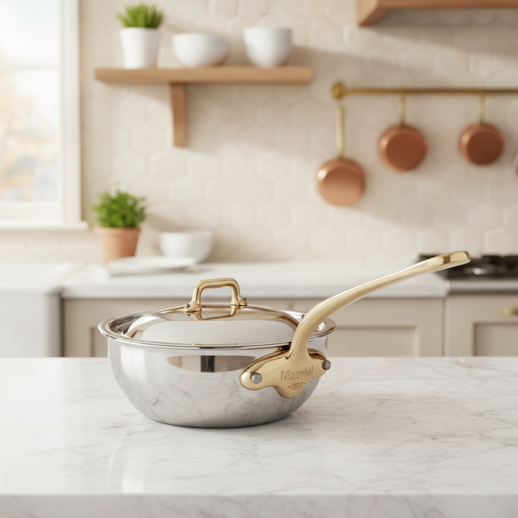 Mauviel M'COOK B 5-Ply Chef Pan With Lid, Brass Handle
