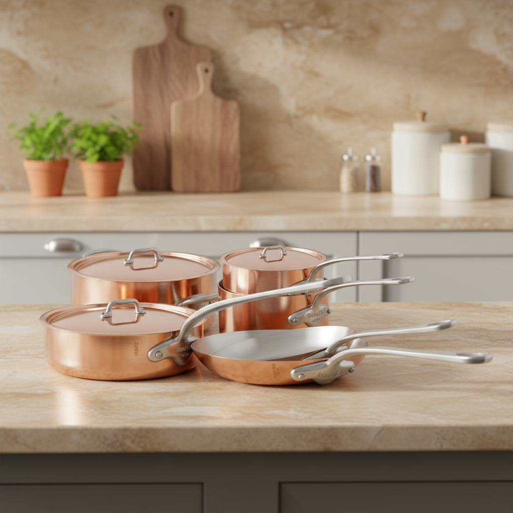 Mauviel M'3 S copper 10-piece cookware set with cast stainless steel handles, including pots and pans with polished copper finish.