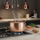 Mauviel M'3 S copper sauce pan with lid and cast stainless steel handle, showcasing shiny copper exterior and stainless steel lid handle.