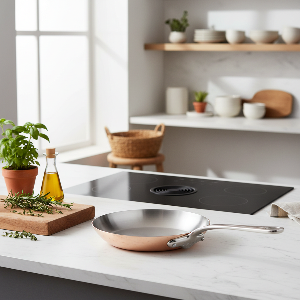 Mauviel M'3 S copper frying pan with cast stainless steel handle, showing a shiny, durable cookware design for versatile cooking.