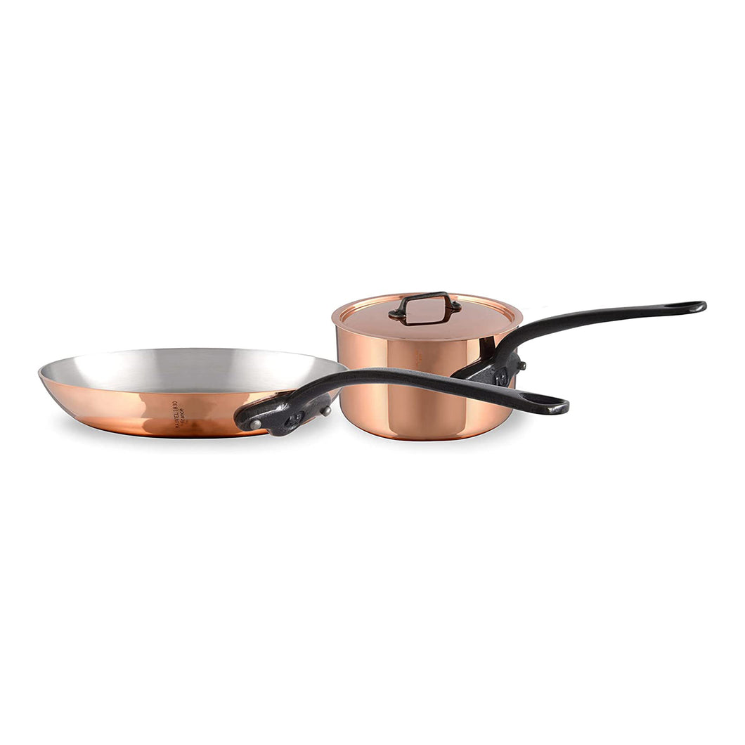 Mauviel M'Heritage M150CI Polished Copper & Stainless Steel Saucepan With Lid 1.9-qt and Frying Pan 10.24-in Bundle - Mauviel USA