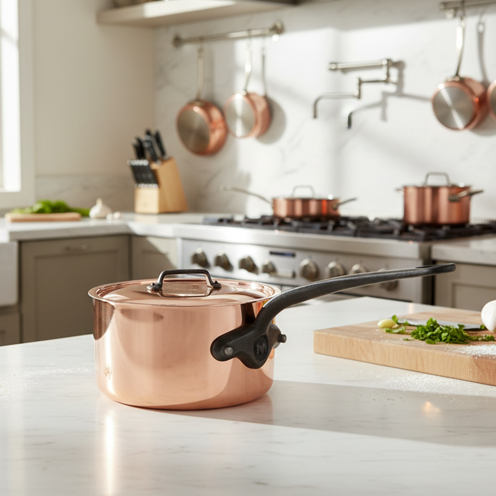 Mauviel M'Heritage M'150 CI Sauce Pan With Lid, Cast Iron Handle, 1.9-Qt - Mauviel1830