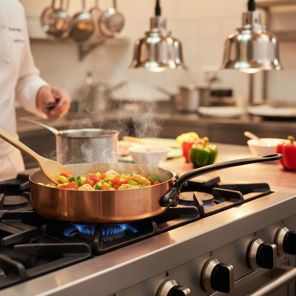 Mauviel M'Heritage M'150 CI copper saute pan with cast iron handle, 1.8-quart size, featuring a shiny copper surface and sturdy handle.
