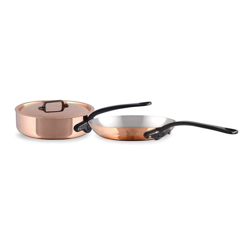 Mauviel M'Heritage M150CI Polished Copper & Stainless Steel Saute Pan With Lid 3.4-qt and Frying Pan 10.24-in Bundle - Mauviel USA