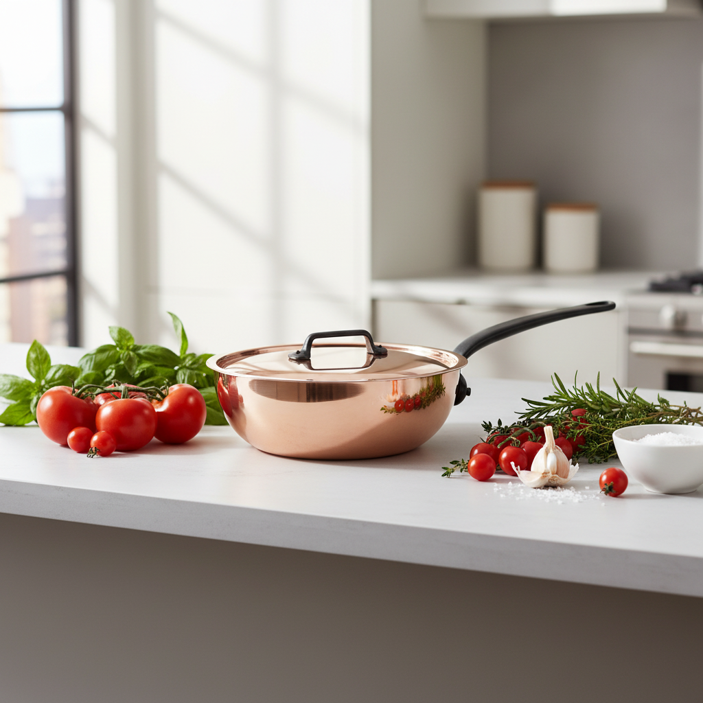 Mauviel M'Heritage M'150 CI cast iron chef pan with lid, curved sides, splayed design, 3.6-quart capacity, cast iron handle