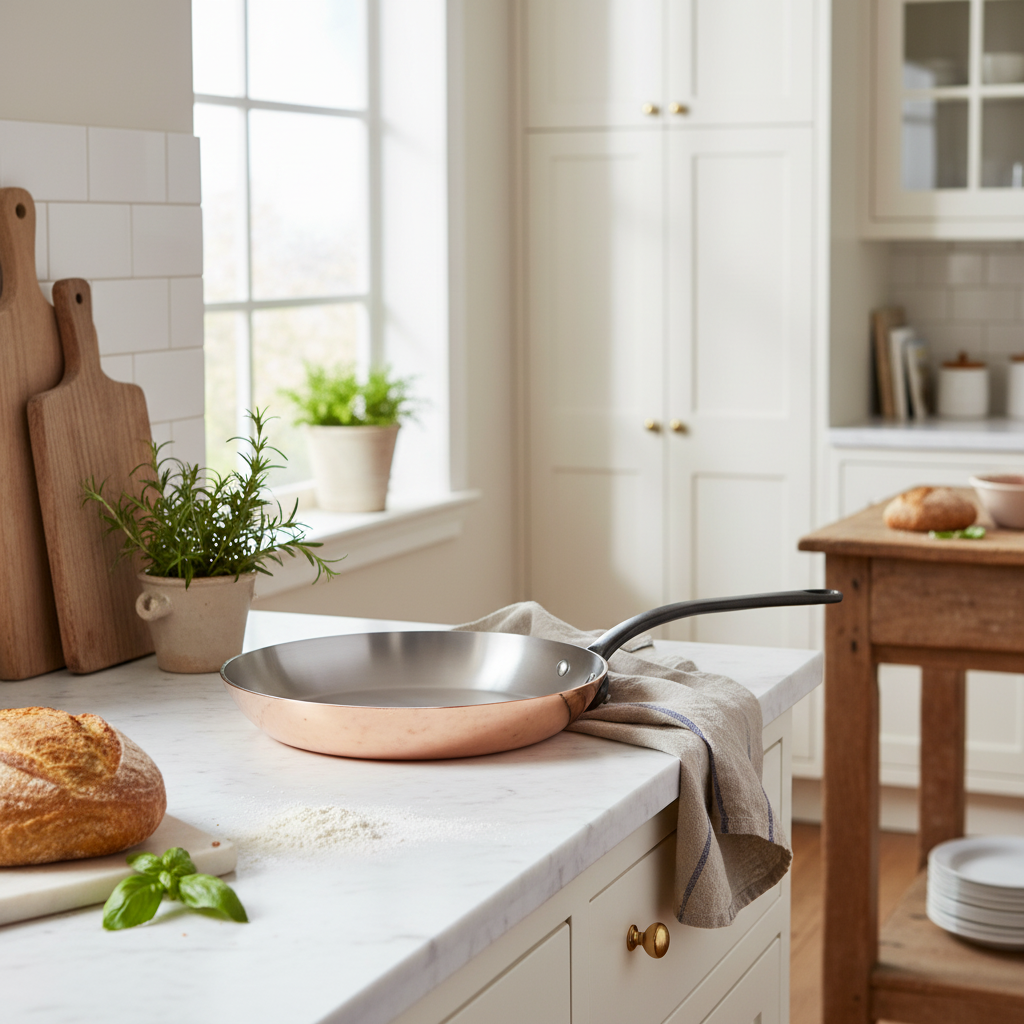 Mauviel M'Heritage M'150 CI 7.9-inch cast iron handle frying pan with smooth cooking surface and sturdy cookware design.