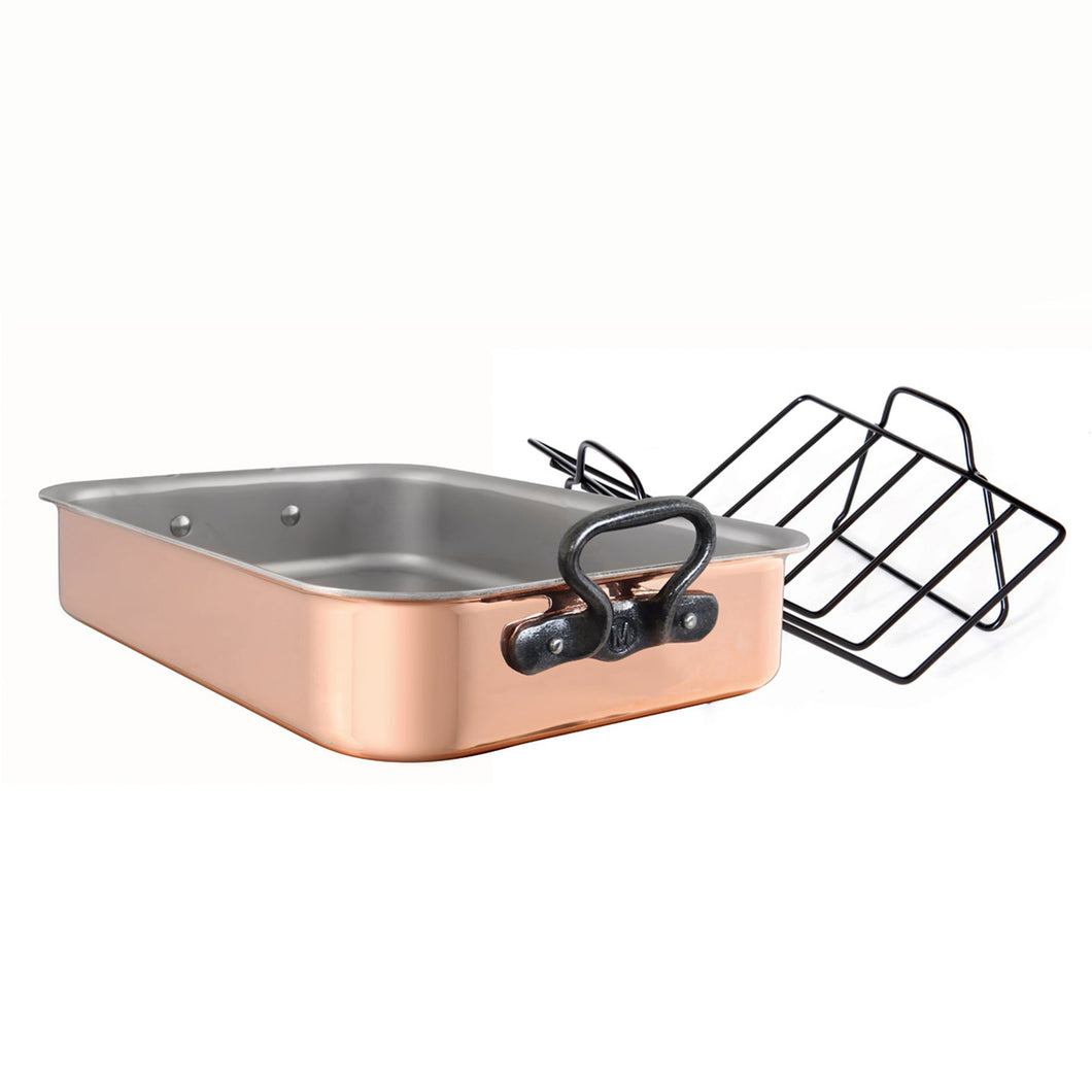 Mauviel Copper Roasting Pan With Rack, Cast Iron Handles, 15.7 x 11.8-In