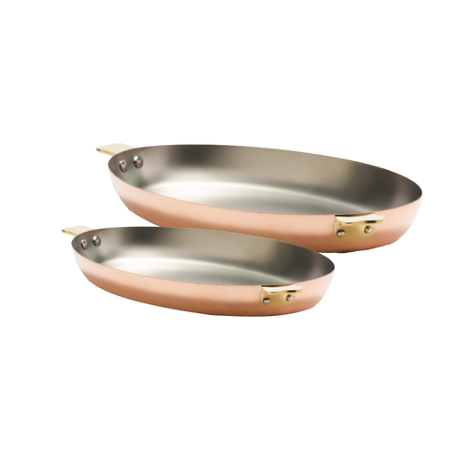 Mauviel Art Déco Copper 2-Piece Oval Pan 11.8-In and Oval Pan 13.8-In Set With Brass Handles - Mauviel1830