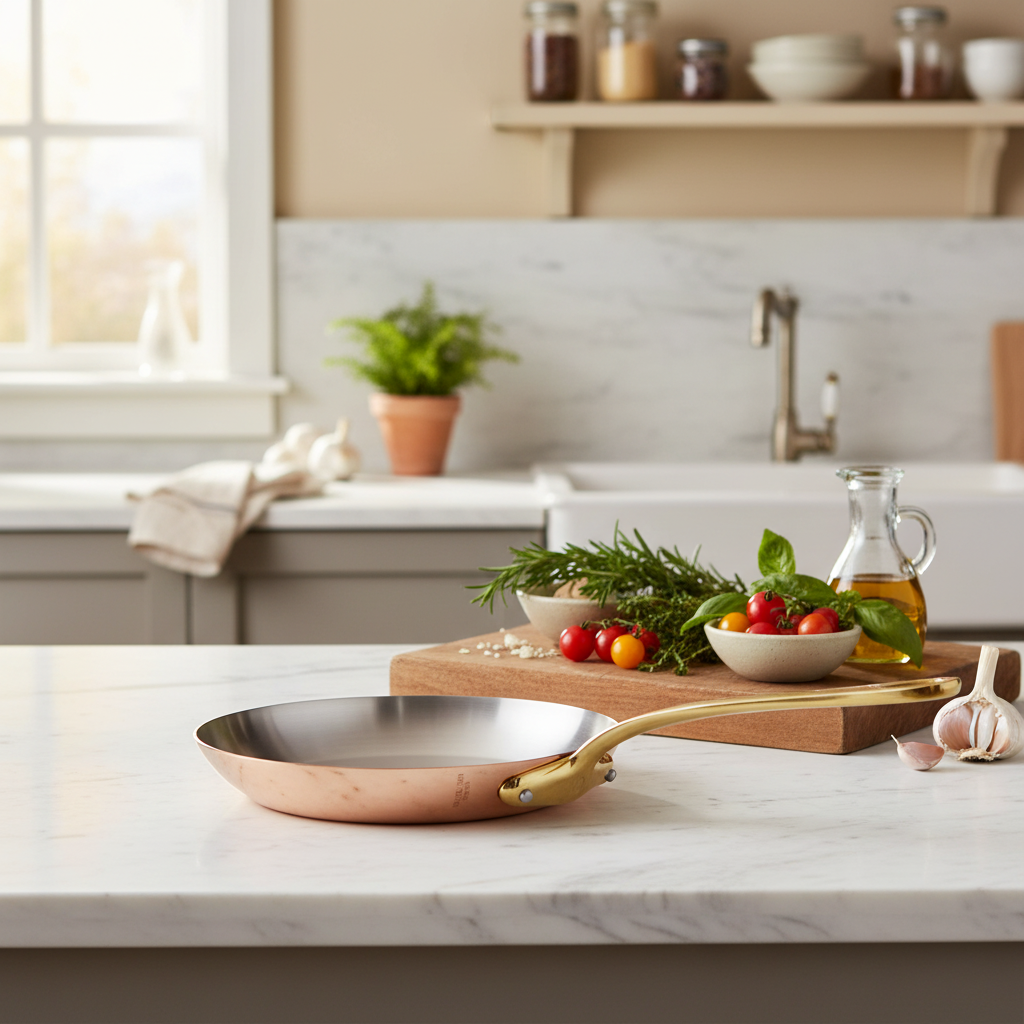 Mauviel M'Heritage M'250 B copper frying pan with brass handle, showing a shiny copper surface and sturdy handle.
