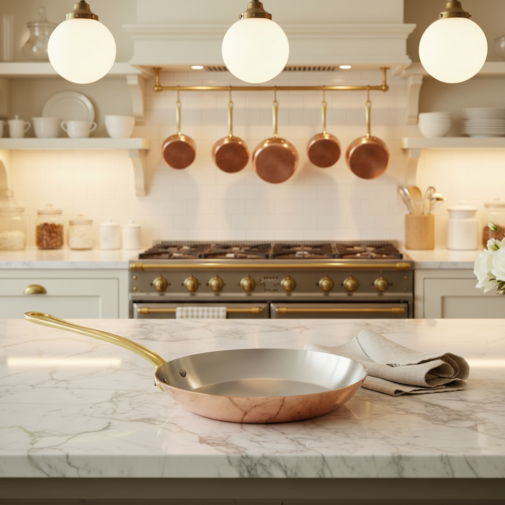 Mauviel M'Heritage M'250 B copper frying pan with brass handle, shows shiny copper surface and sturdy handle for professional cooking.