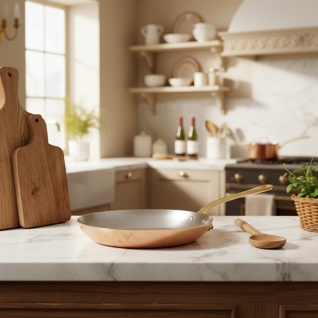 Mauviel M'Heritage M'250 B copper frying pan with brass handle, showcasing its shiny copper surface and sturdy handle design.