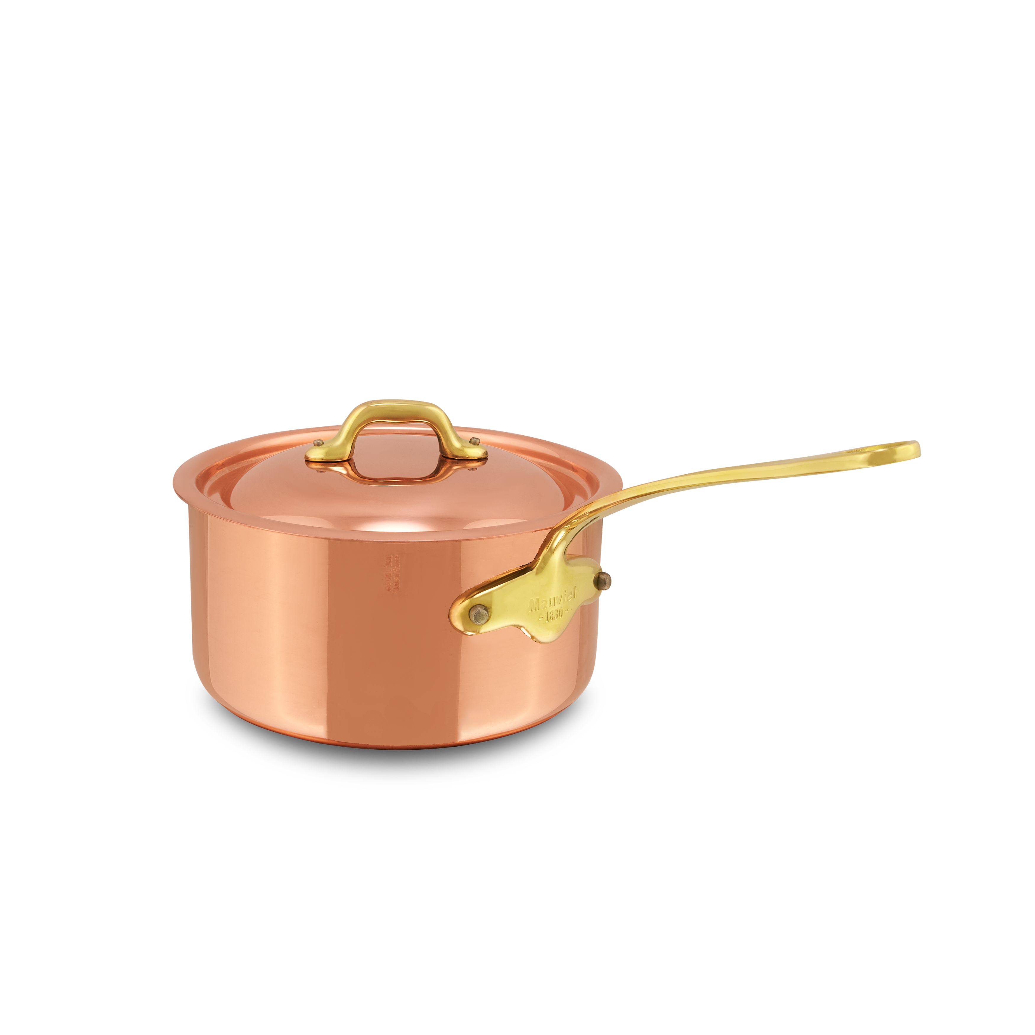 Mauviel M'Heritage M'150 B copper sauce pan with brass handle and lid, showcasing its polished copper surface and sturdy design.
